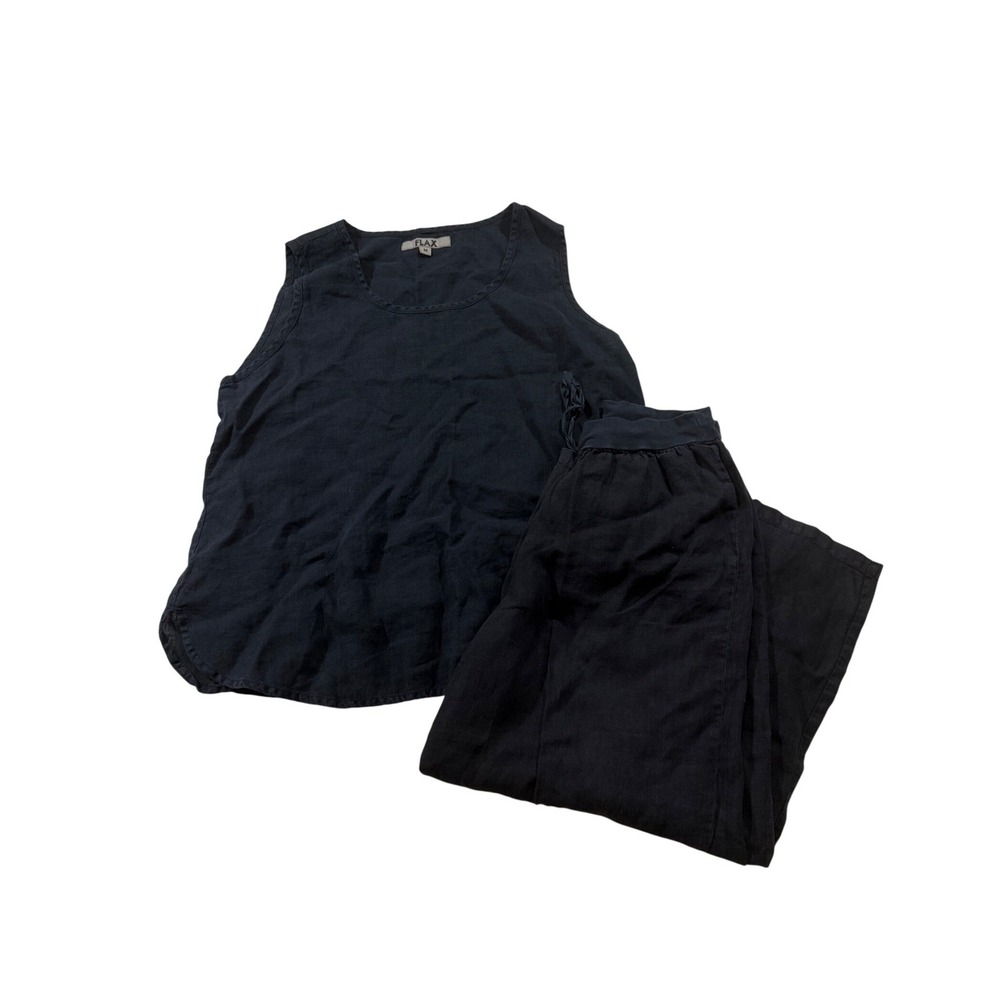 FLAX Linen 2 Piece Set M/S Black Tank Top Wide Leg Pants Lagenlook Peasant